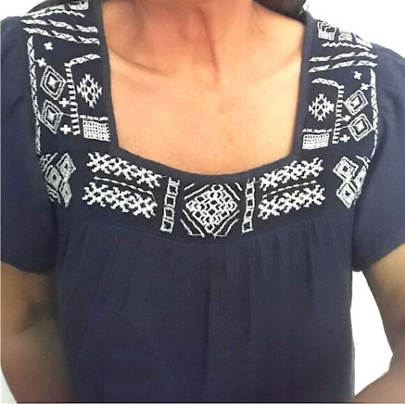 Hollister Boho Embroidered Peasant blouse Navy Blue Juniors Small - Picture 1 of 11